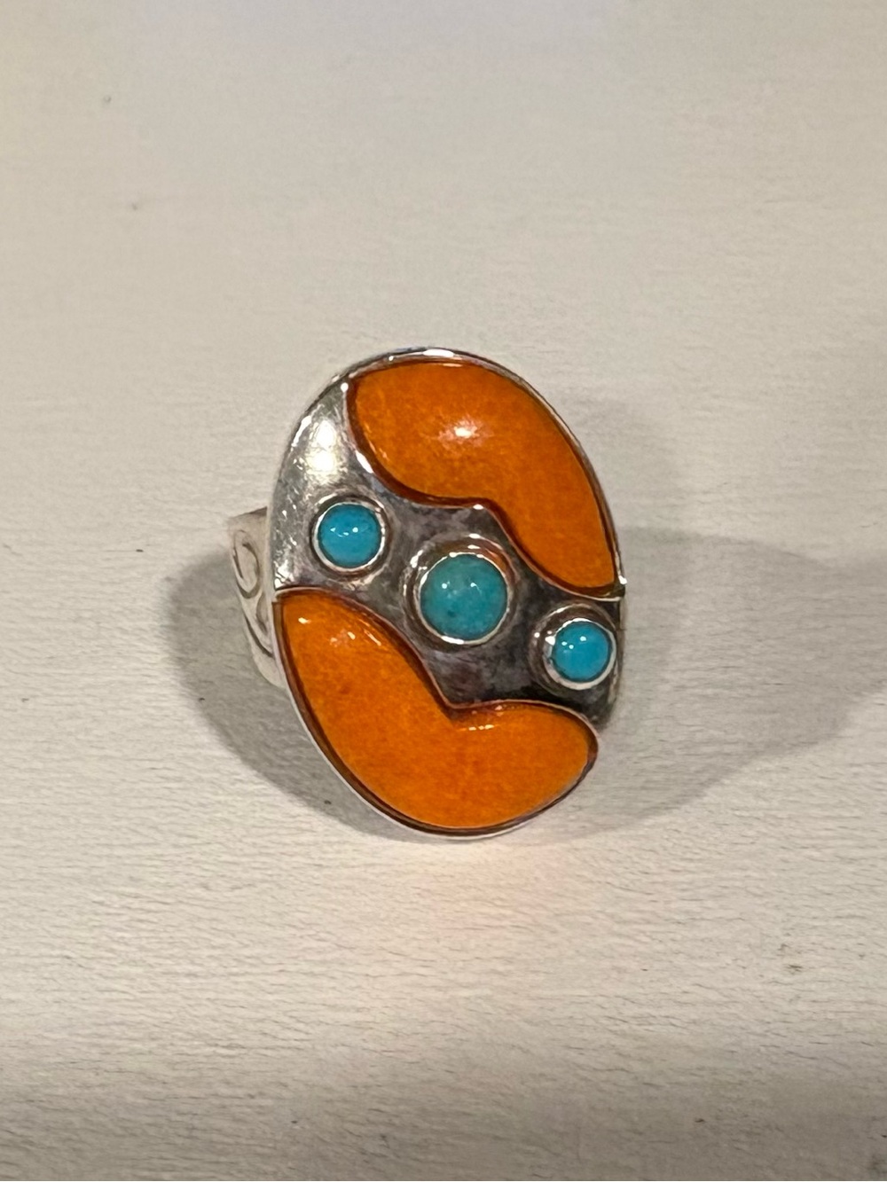 Jay King Sterling Silver & Orange Coral and Turquoise Oval Ring. Size 7 - Picture 2 of 15